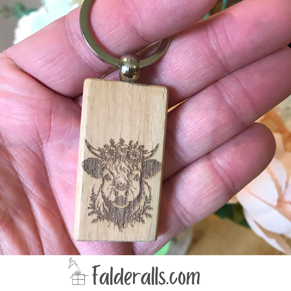 Floral Highland Cow Keyring - Wooden Laser Engraved Keychain