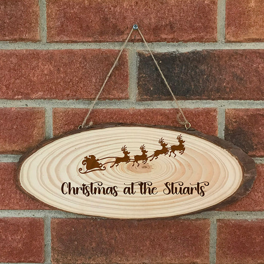 Personalised Santas Sleigh Log Slice Hanging Sign