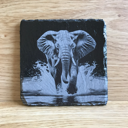 Elephant Running Through the Water Slate Coaster