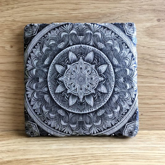 Mandala patterned natural stone slate coaster - laser engraved - peace and balance - rustic charm - a calming focal point