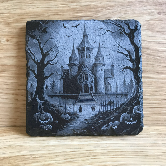 Gothic Halloween Building in a Forest slate Coaster