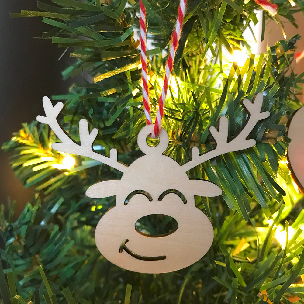 Smiling Reindeer Wooden Christmas Tree Ornament - Rustic Holiday Decor, Ready to Hang with Red & White String