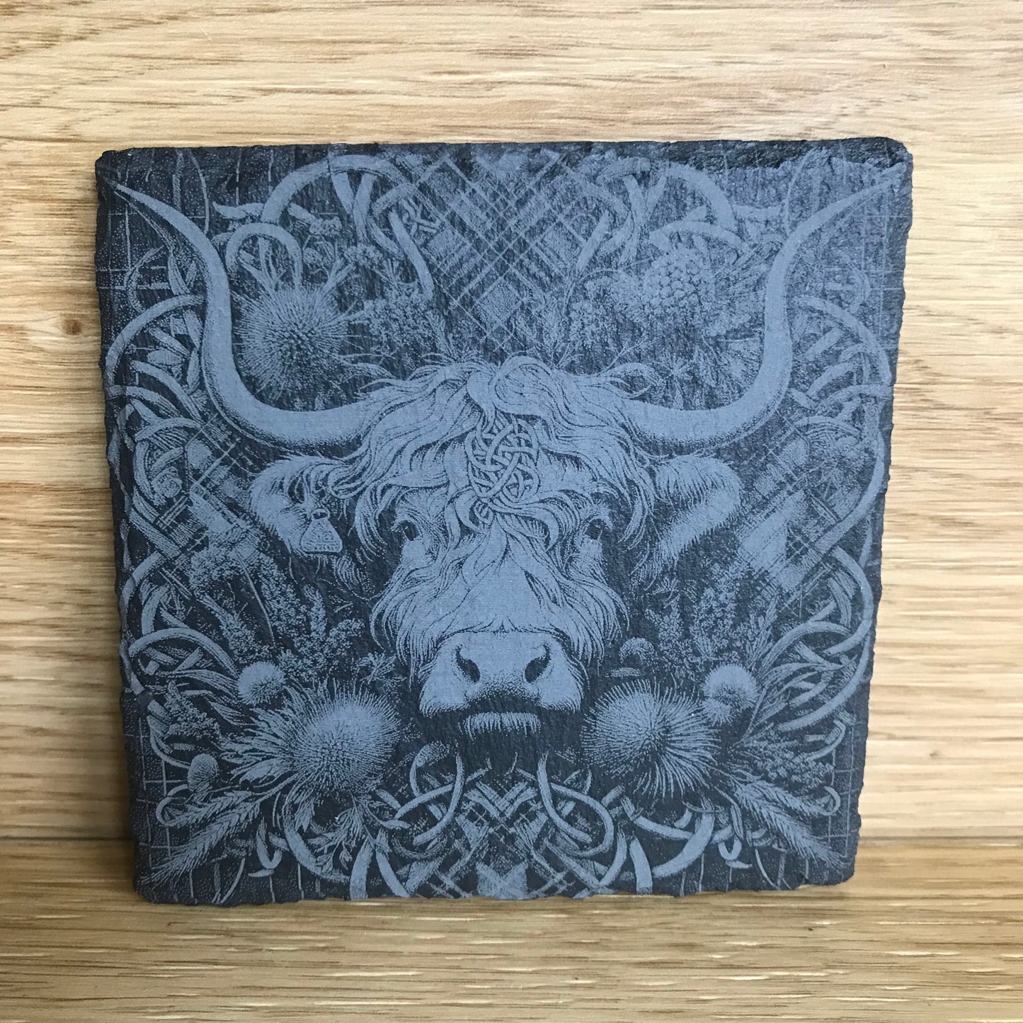 Laser Engraved Highland Cow Slate Coaster - Celtic Knot, Thistle & Tartan Design - Scottish Gift, Rustic Decor