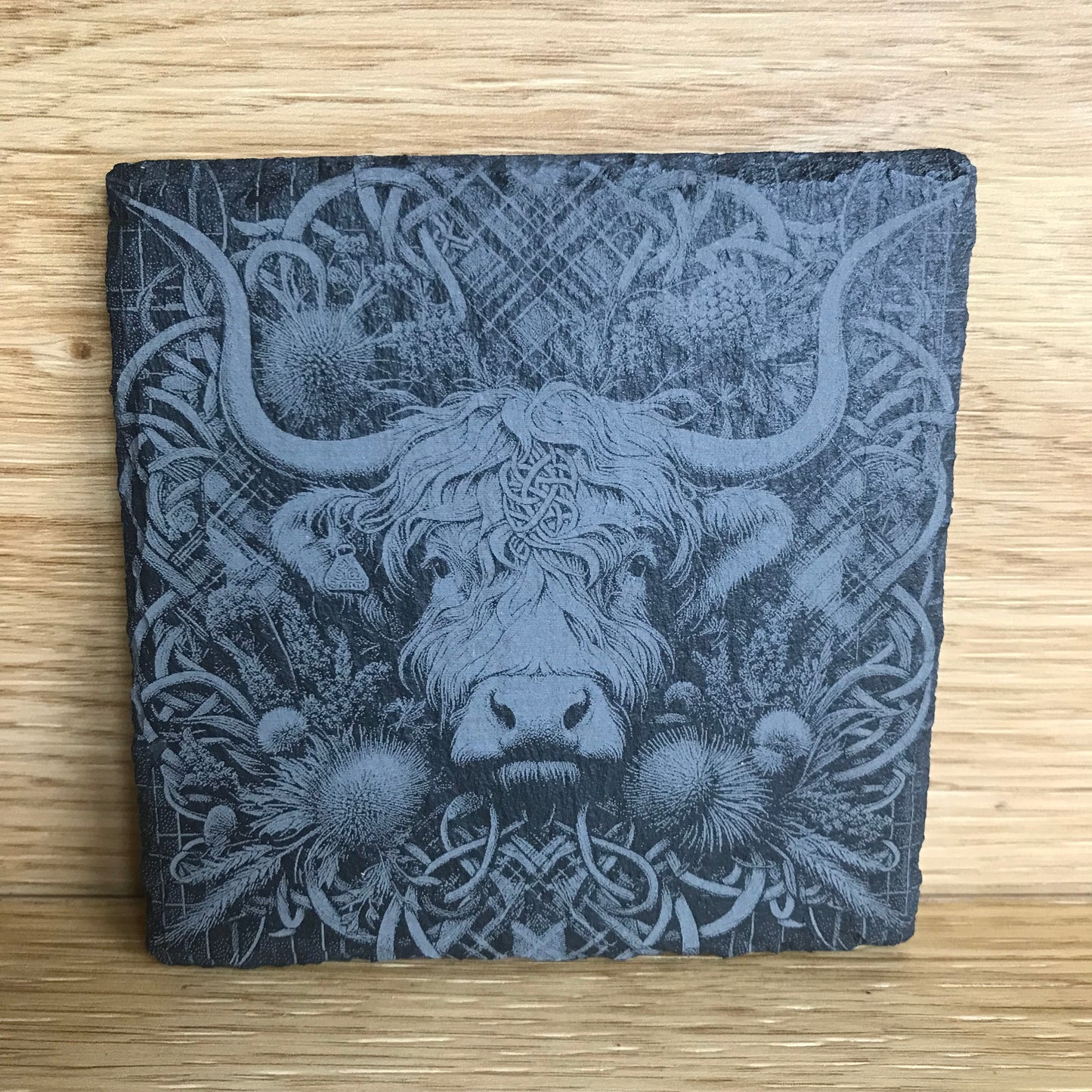 Laser Engraved Highland Cow Slate Coaster - Celtic Knot, Thistle & Tartan Design - Scottish Gift, Rustic Decor