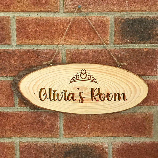 Personalised Princess Crown/Tiara Log Slice Hanging Sign