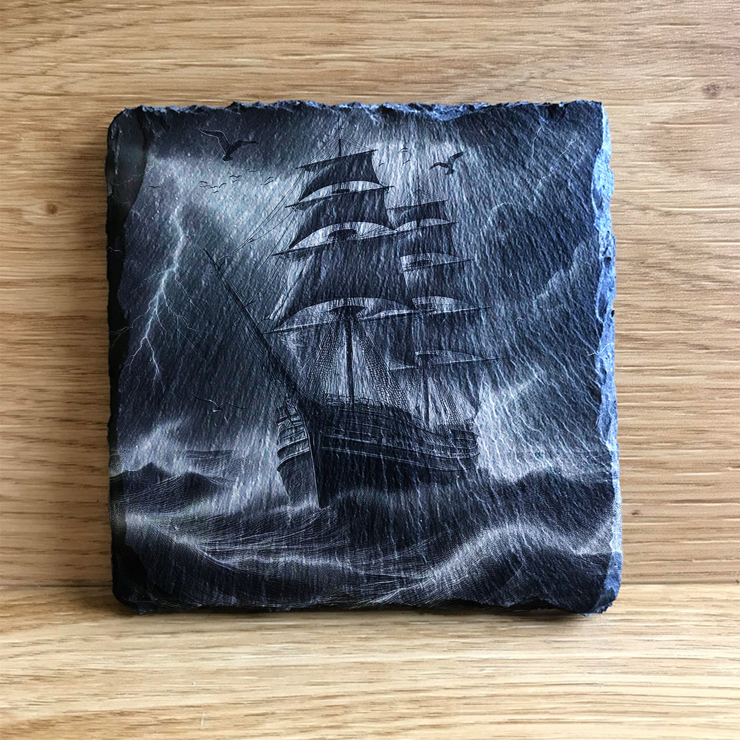 Pirate ship on a stormy ocean with thunder and lightning
