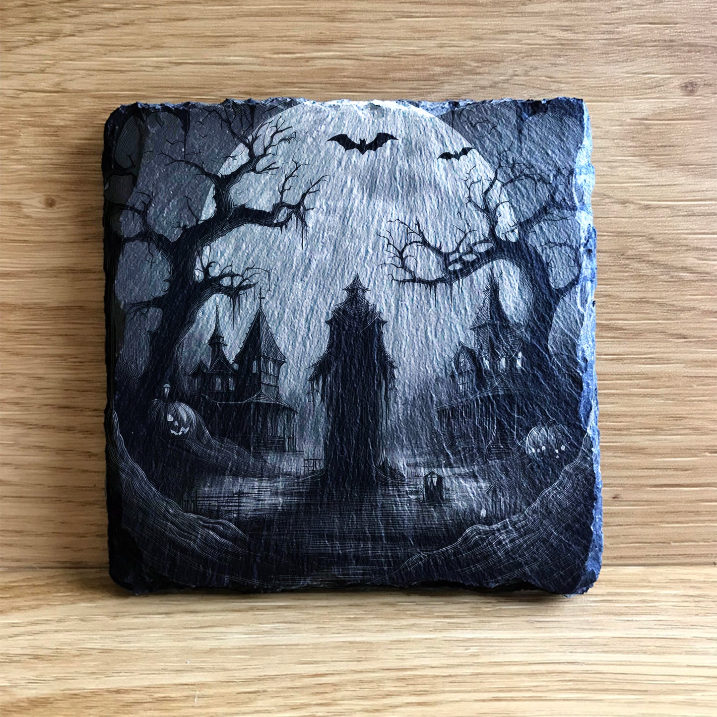 Scary demon at halloween with a full moon bats and pumkins and a castle