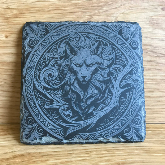 Wolf Stone Slate Coaster with a Celtic Design