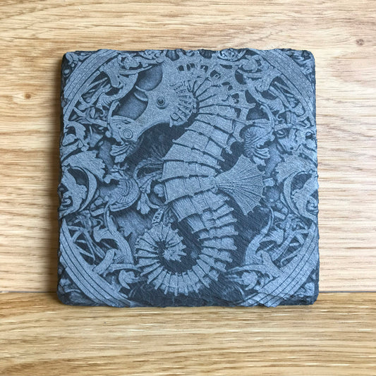 Seahorse Stone Slate Coaster with a Celtic Design